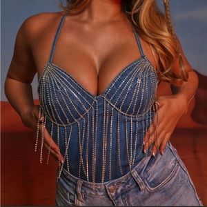 Denim/rhinestone bodysuit